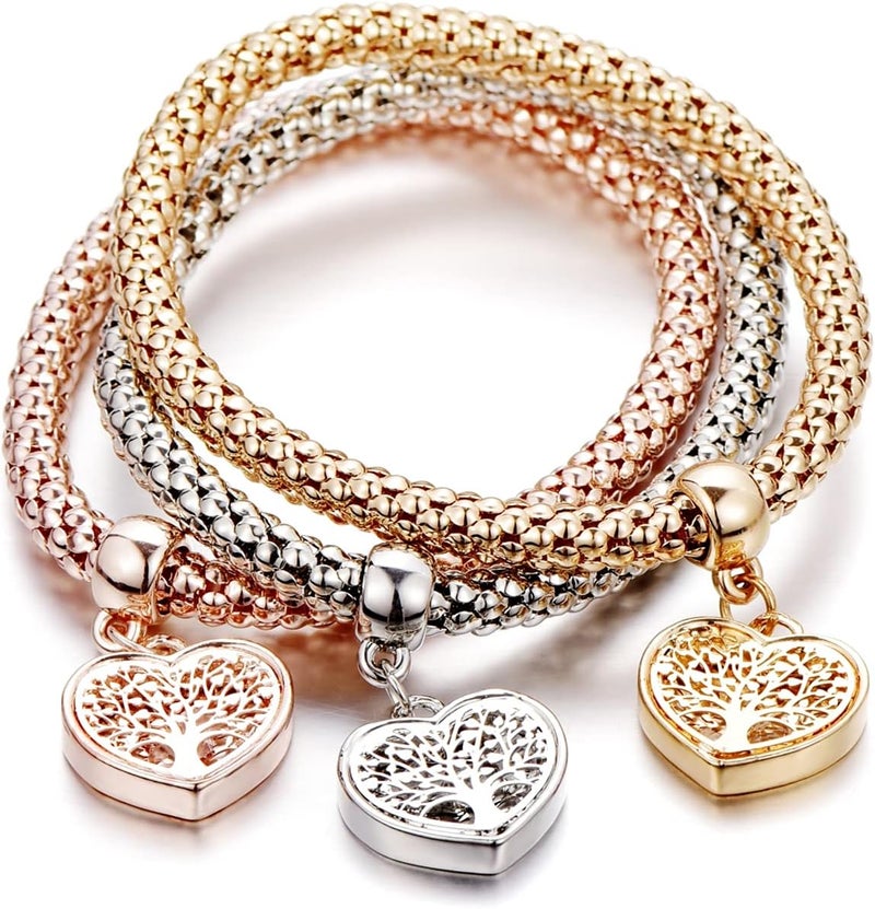 SILANER Crystal Charms Multilayer Bracelets - 3PCS Gold/Silver/Rose Gold Corn Chain Bracelet for Women, Tree of Life Heart Shaped Stretch Bracelet - Image 1